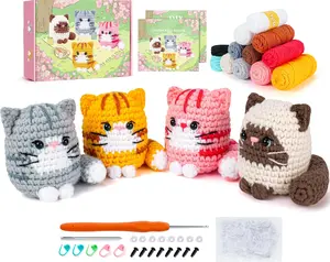 4 PCS Cat Crochet Kit for Beginners with Step-by-Step Video Tutorials, Animal Cat Crafts Knitting Kit, Ideal Galentines Gifts for Adult Beginners