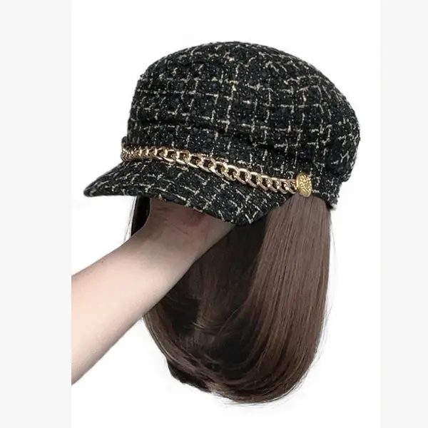 Hat with Wig for Women, Synthetic Straight Hair Extension Attached to a Fabric Newsboy Cap, Long: 55~65cm or Short, Factory Sale, Synthetic Hair, Attached Wig, Synthetic Half Wig, Fitted