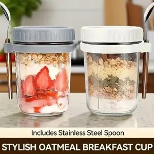 Multiple color options | Overnight oats containers with lid and spoon, large-capacity sealed oatmeal container, portable salad cup for yogurt, cereal, milk, glass food container