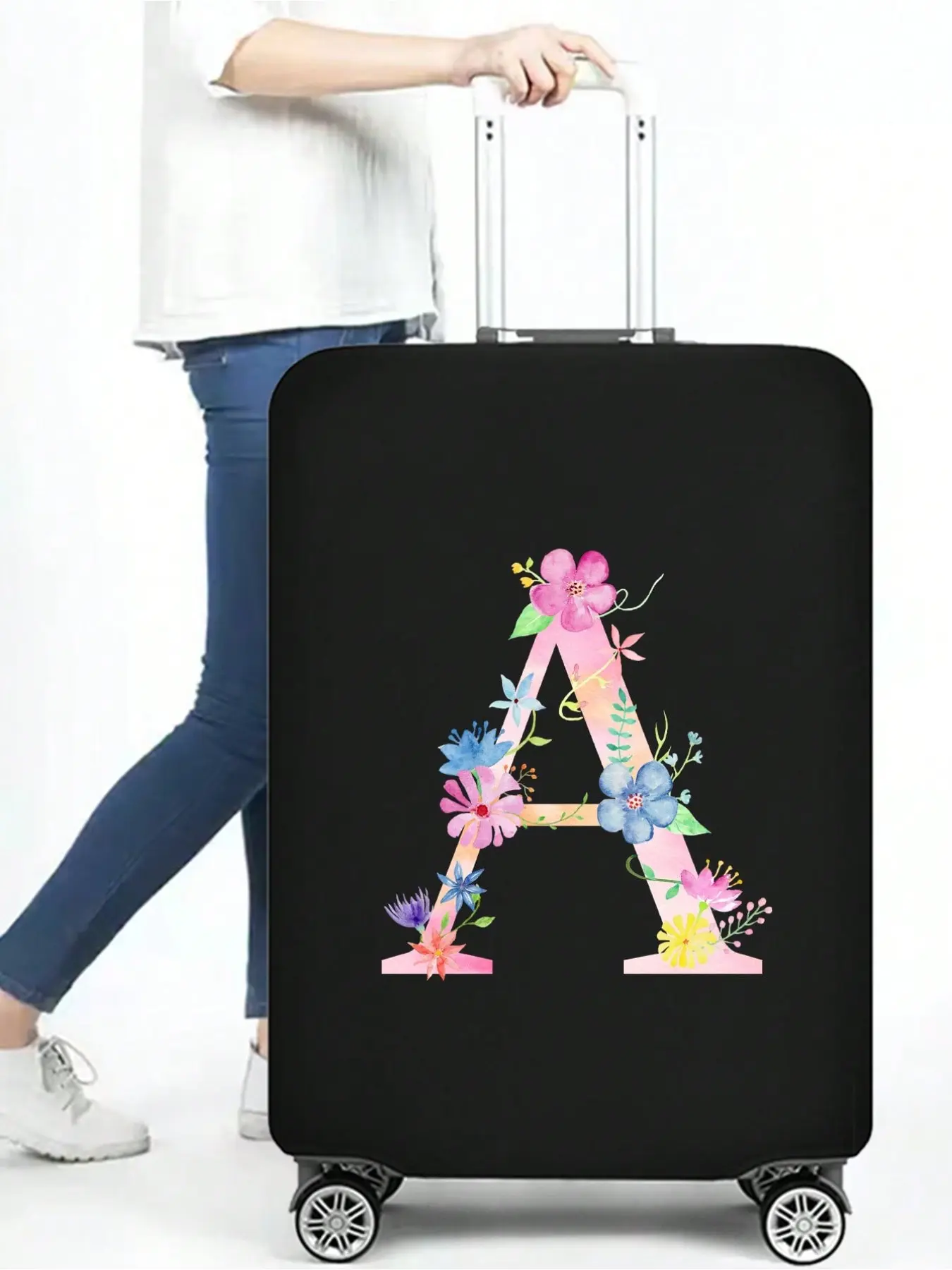 Stylish floral letter print luggage cover, 1 piece. Made of stretch polyester, durable, foldable and washable. Fits 18-31 inch suitcases, great travel essential to protect luggage.