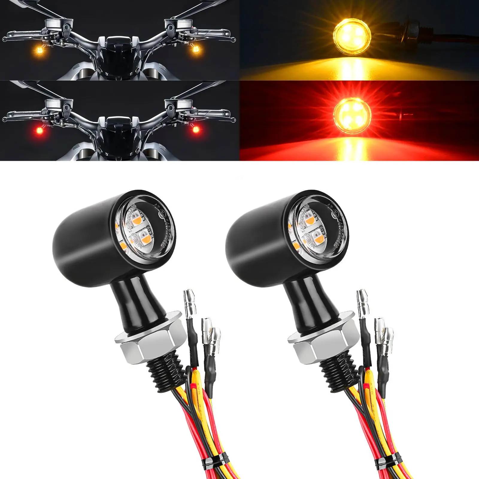 Nilight 4pcs 12V Motorcycle Motorbike Rear LED Turn Signals - Red & Yellow Beam Mini Blinkers with Brake Tail Light, Bright Lights, Aluminum/Matt Black Painting Aluminum Alloy Shell, DIY Mounting, Auto Parts for Harley Cruisers