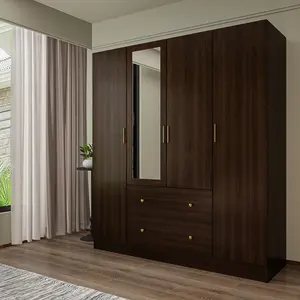 Dark Brown Wardrobe Armoire with Mirror, 4-Tier Shelves, 2 Drawers, 2 Hanging Rods and 4 Doors, Wooden Closet Storage Cabinet for Bedroom Cupboard Furniture Organize Organizer Organization Organizing