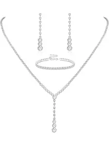 Crystal Silver Necklace and Earrings with Crystal Bracelet for Women Teardrop Dangle Earrings Rhinestone Necklace Bracelet for Bride Bridesmaid Crystal Bridal Wedding Party Jewelry Sets