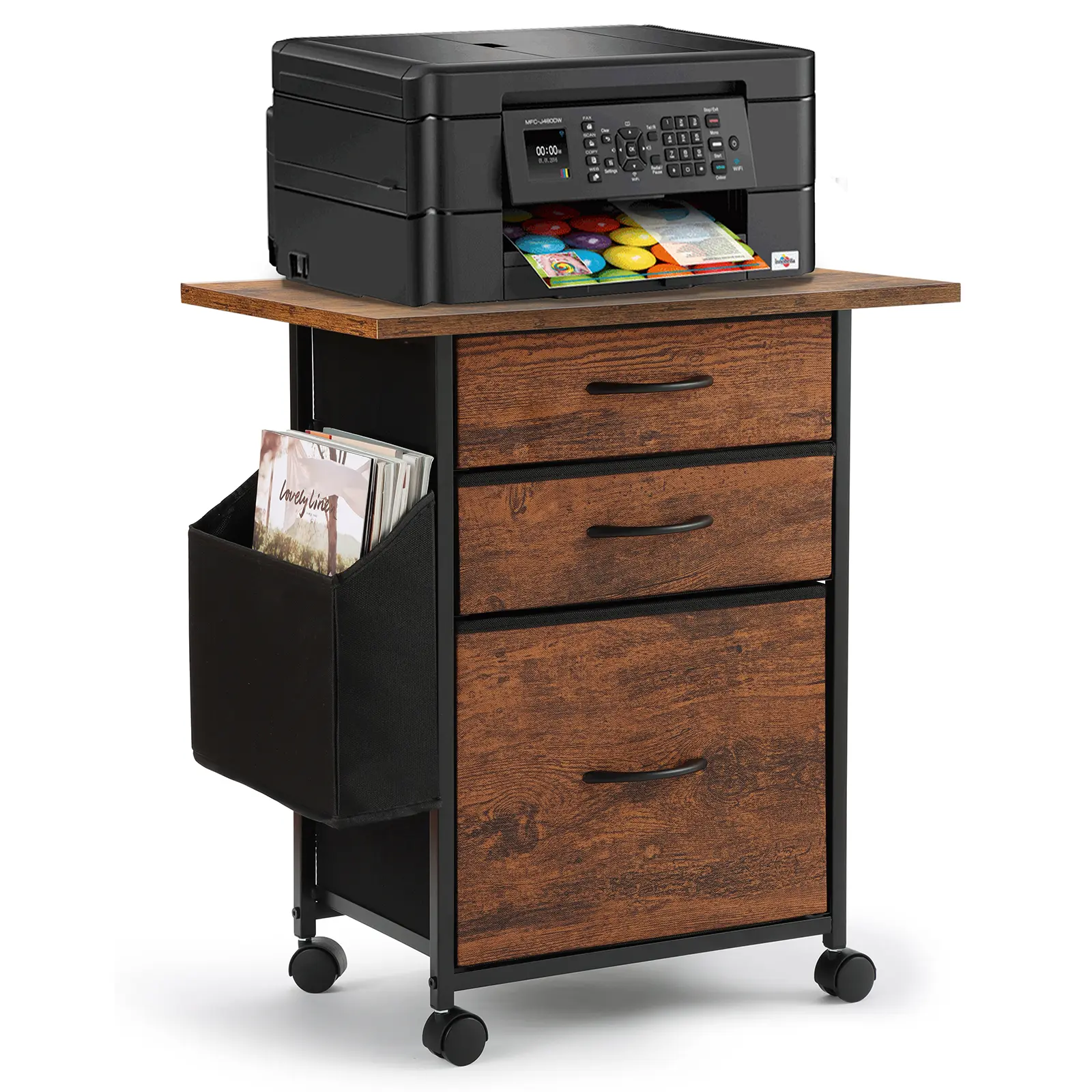 Mobile Office Printer Stand with 3 Fabric Drawers, 23x14.96x25.67" Fabric-Wood-Metal Rolling Cabinet, Under Desk Racks & Shelves Organizer with Storage Bag, Complete Top Plate, Fast Assembly (Brown/Black/White) for Home Office Use, Desk with Drawers, Home
