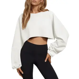 Imily Bela Womens Long Ballon Sleeve Sweatshirts Tops Cropped Crew Neck Loose Fit Casual Workout Shirts