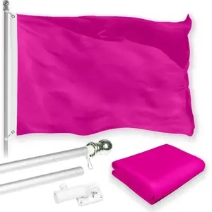 G128 Combo Pack: 5 Ft Tangle Free Aluminum Spinning Flagpole (Silver) & Solid Pink Color Flag 2.5x4 Ft, LiteWeave Pro Series Printed 150D Polyester | Pole with Flag Included
