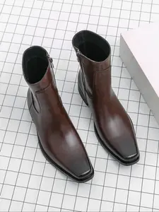 Men's Square Toe Low Heel Rubber Comfortable Breathable Classic Closed High Top Chelsea Boots Design, Casual Outdoor Boot, Stylish Casual Shoes for Daily Wear
