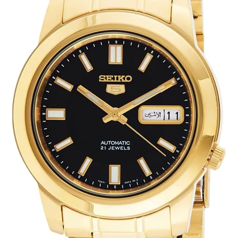 Seiko Men's SNKK22 K1 Gold Plated Stainless Steel Analog Watch with Black Dial and Date Display