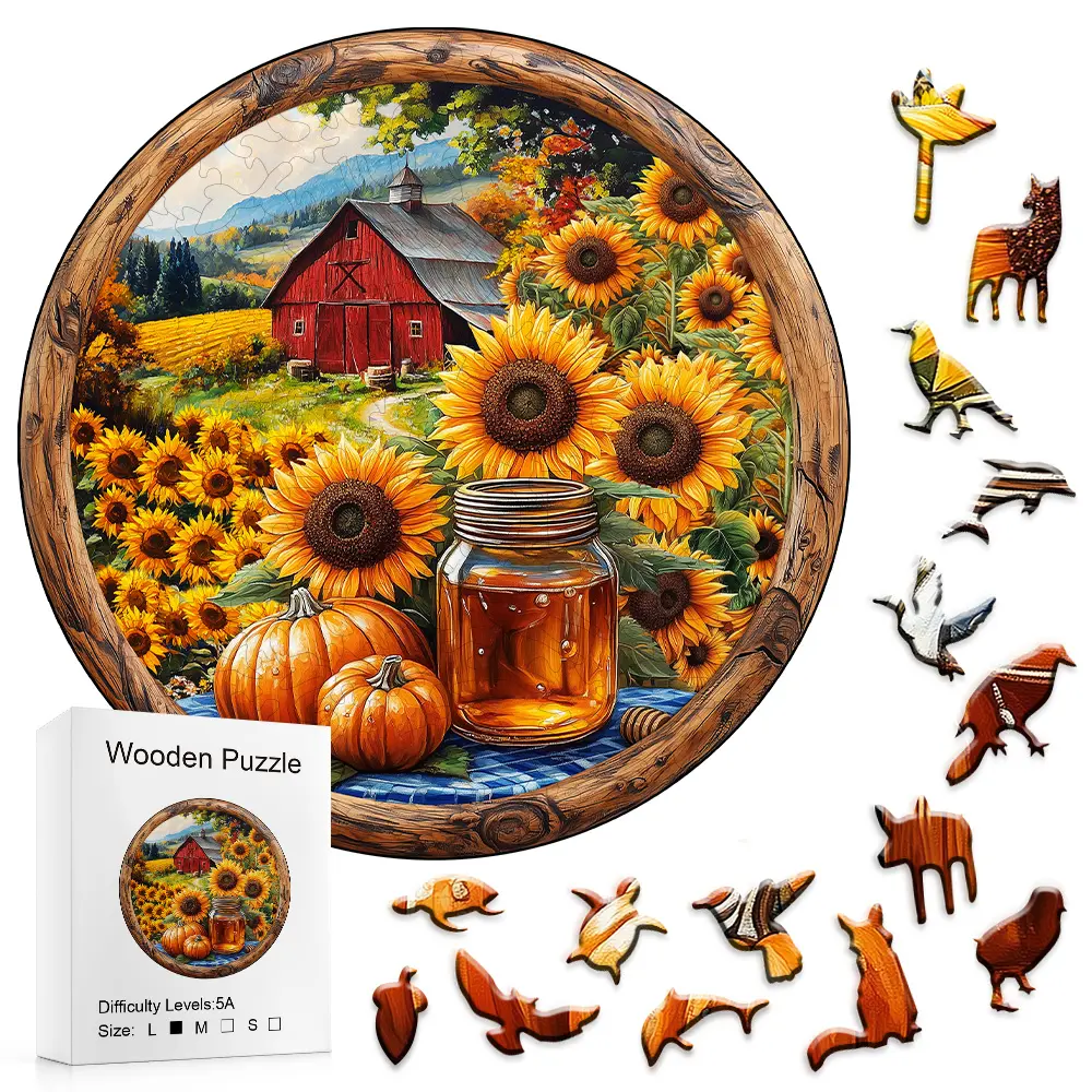 High-Difficulty Wooden Jigsaw Puzzle - Cozy Autumn Scene with Sunflowers, Pumpkins, Red Barn - Puzzle Wooden Jigsaws for Adults, Ideal for Party Games, DIY Gifting, Jigsaw Wooden Jigsaws