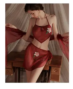 Red Embroidered Mesh Three-Piece Halter Lingerie Set