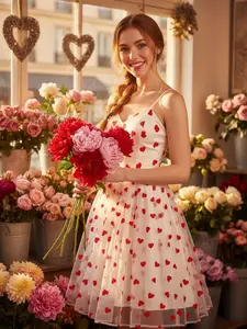 HEART 1950S MESH SLING DRESS Matching Party White Women Valentine's Day Romantic Red