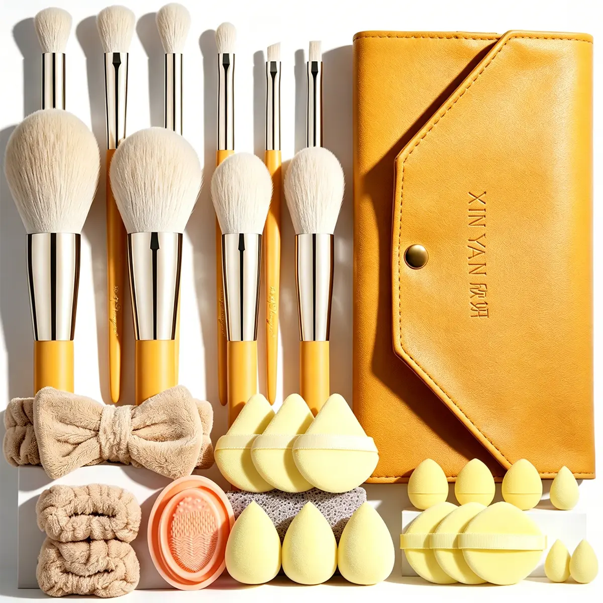 30PCS All-in-One Makeup Tools Set, 10 Makeup Brushes with Storage Bag, Hairband, Brush Cleaning Tool, Triangle Powder Puffs, Makeup Sponges, Air Cushion Puffs & Mini Beauty Puffs, Portable Daily Beauty Ki, Compact, Kit