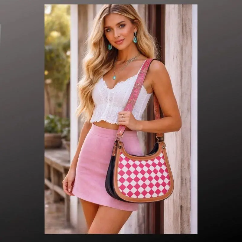 Pink and white Checkered Leather Purse