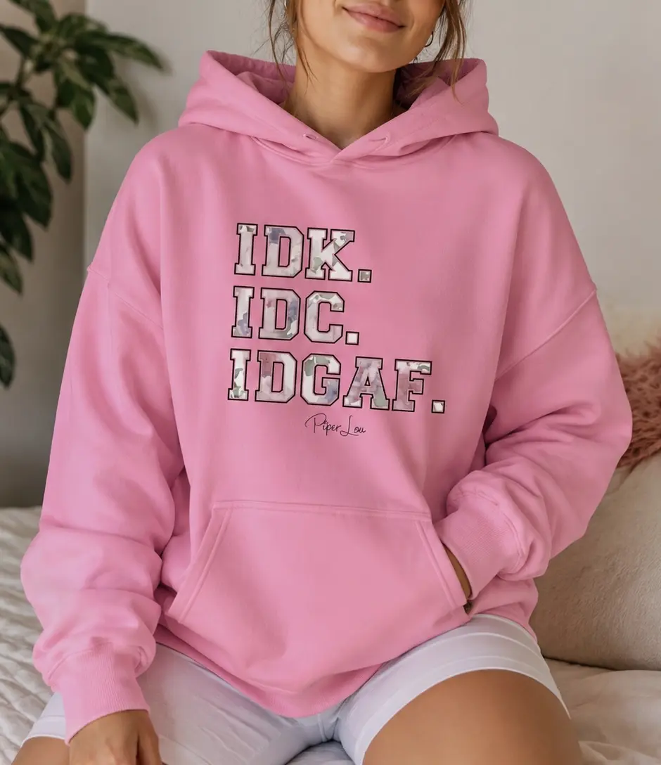 Women's IDK.IDC.IDGAF Graphic Hoodie Tops - Gildan Heavy Blend 50% Polyester 50% Cotton Spandex Yarn Fabric, Long Sleeve Sweatshirts, Soft Inside, Athletic Style, Easy Matching, Knit Clothes, Pocket Design, Sporty Chic