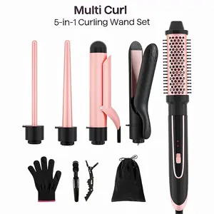 Heikki Vision 5-In-1 Curling Iron Set With Curling Brush And 4 Interchangeable Ceramic Curling Irons, Instant Heat, Including Heat-Proof Mitt And 2 Clips