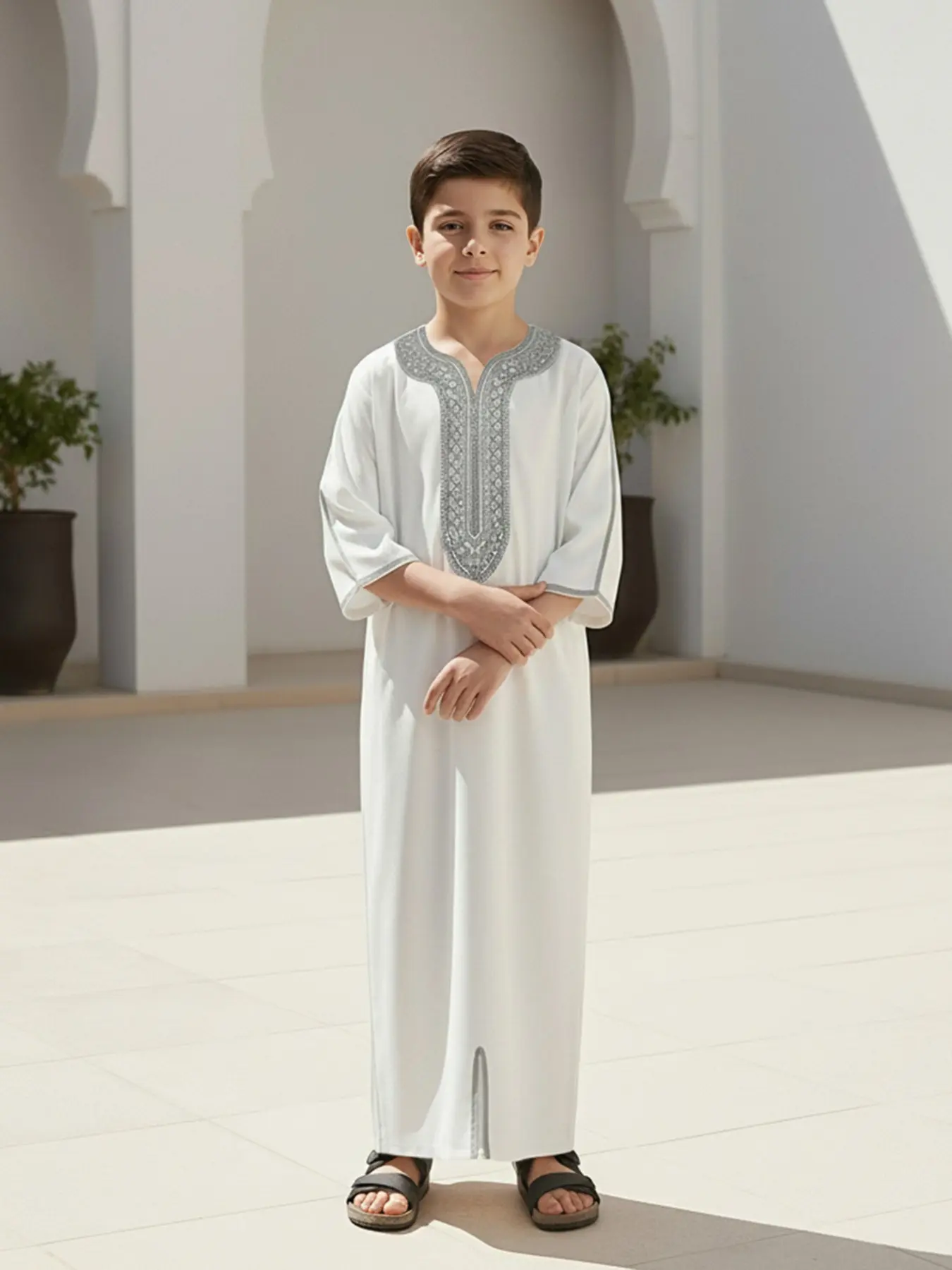 Moroccan Style Islamic Boy Traditional V Neck Embroidered Gandoura Clothing with Side Pockets, Suitable for Boys 8-12 Years, Ideal Gift for Ramadan/eid/father's Day
