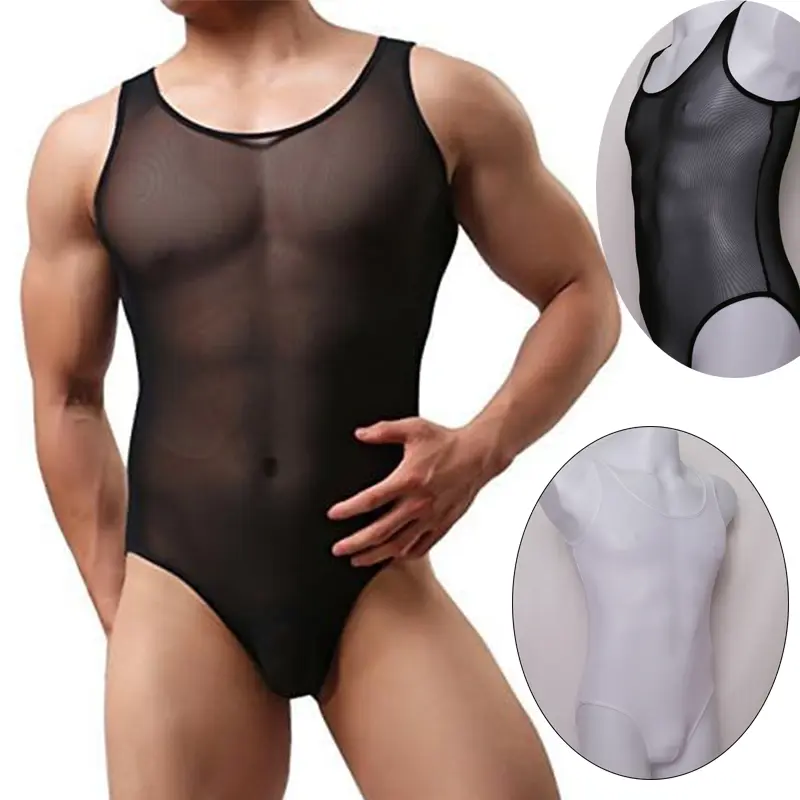 Men's Sheer Mesh Brief Bodysuit, 1-Piece Spandex Wrestling Singlet, Stretchy Workout Shapewear with Bulge Pouch