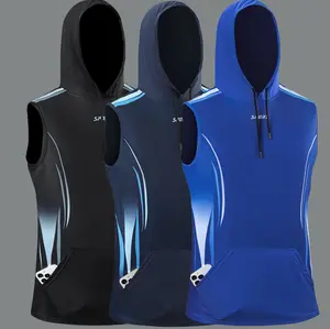 Men’s hooded tank top for fitness—muscle-display sleeveless/short-sleeve design; lightweight, sweat-wicking, highly elastic, with kangaroo pocket; suitable for outdoor gyms, cycling, boxing, weightlifting, basketball, and baseball.