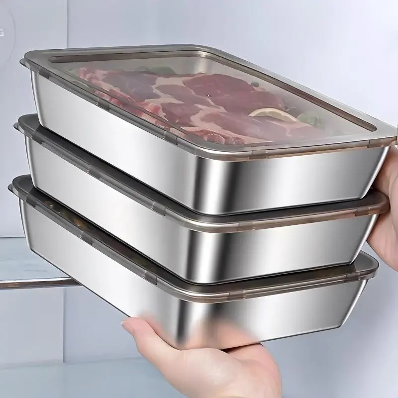Stainless Steel Rectangular Tray with Lid, Thickened food-grade storage tray for steaming, serving and food preservation, Durable multi-purpose kitchen container, Food Prep Containers, not microwave safe