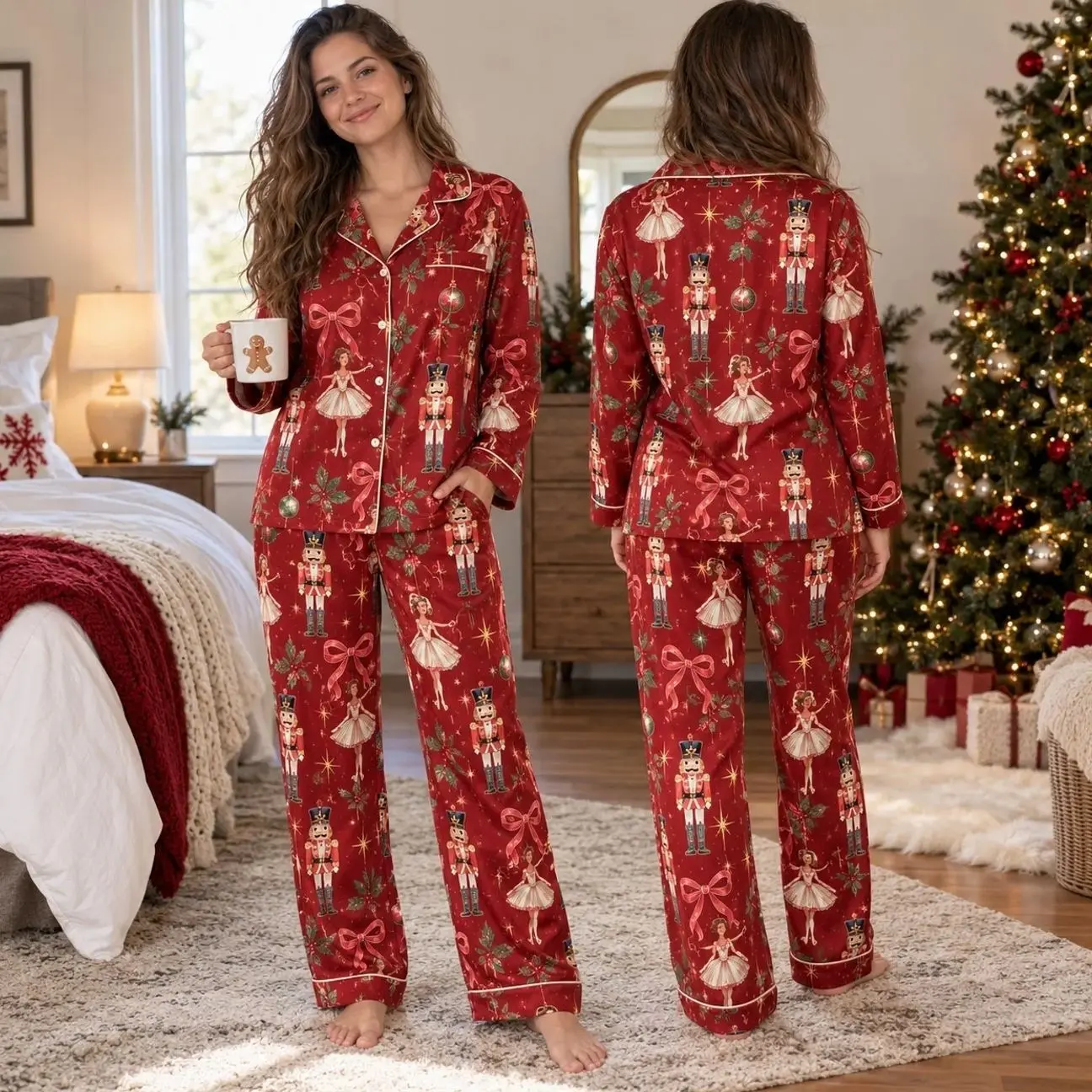 Nutcracker Pajama Set, Red Nutcracker Ballet Satin Pajamas, Sugar Plum Fairy PJs, Christmas Pajamas, Ballet Gift for Her