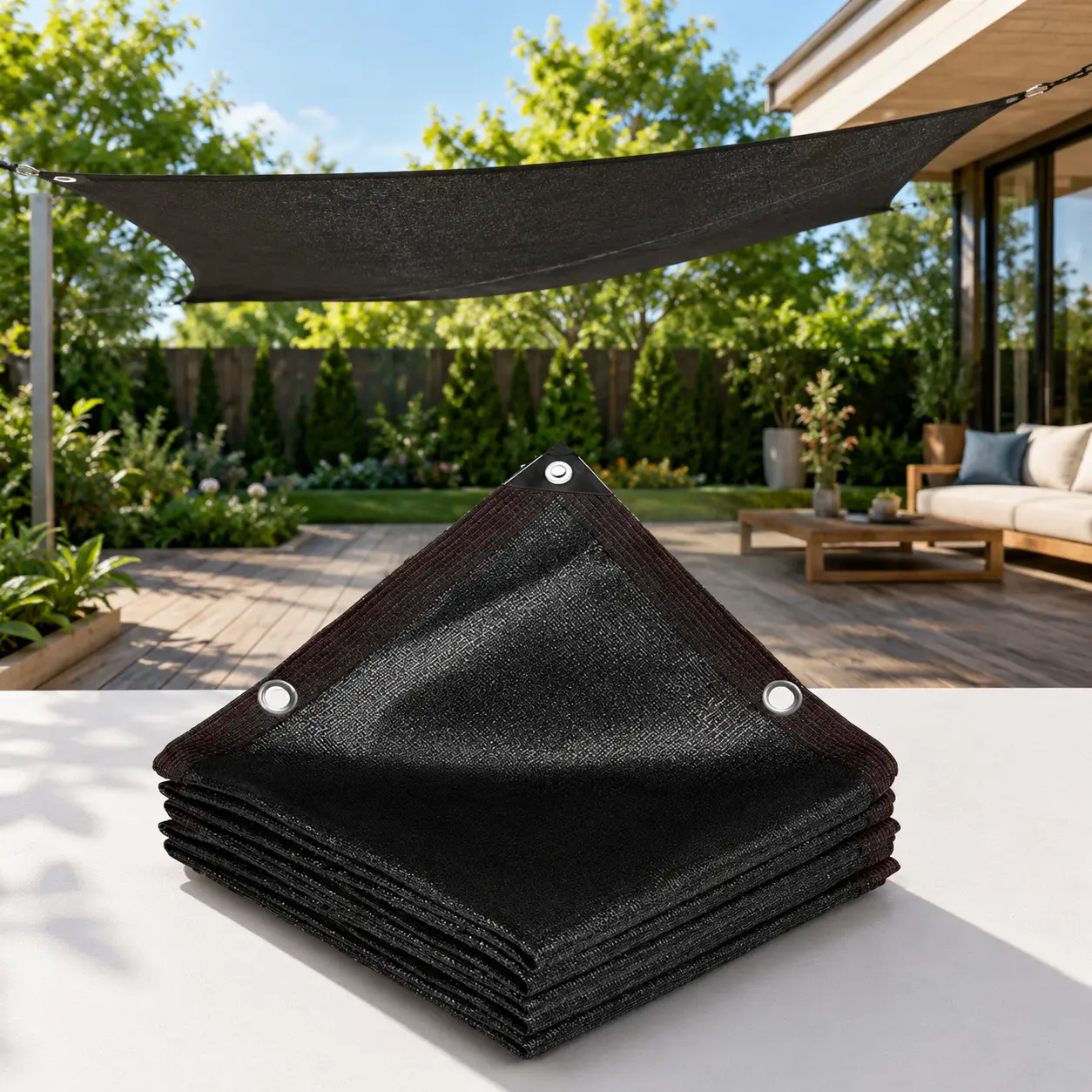 Black Net Fabric Shade Sail, UV Block Ventilated Canopy, Heavy-Duty Mesh Cloth with Reinforced Corners & Ropes for Patio, Garden, Net Fabric Shade Sails