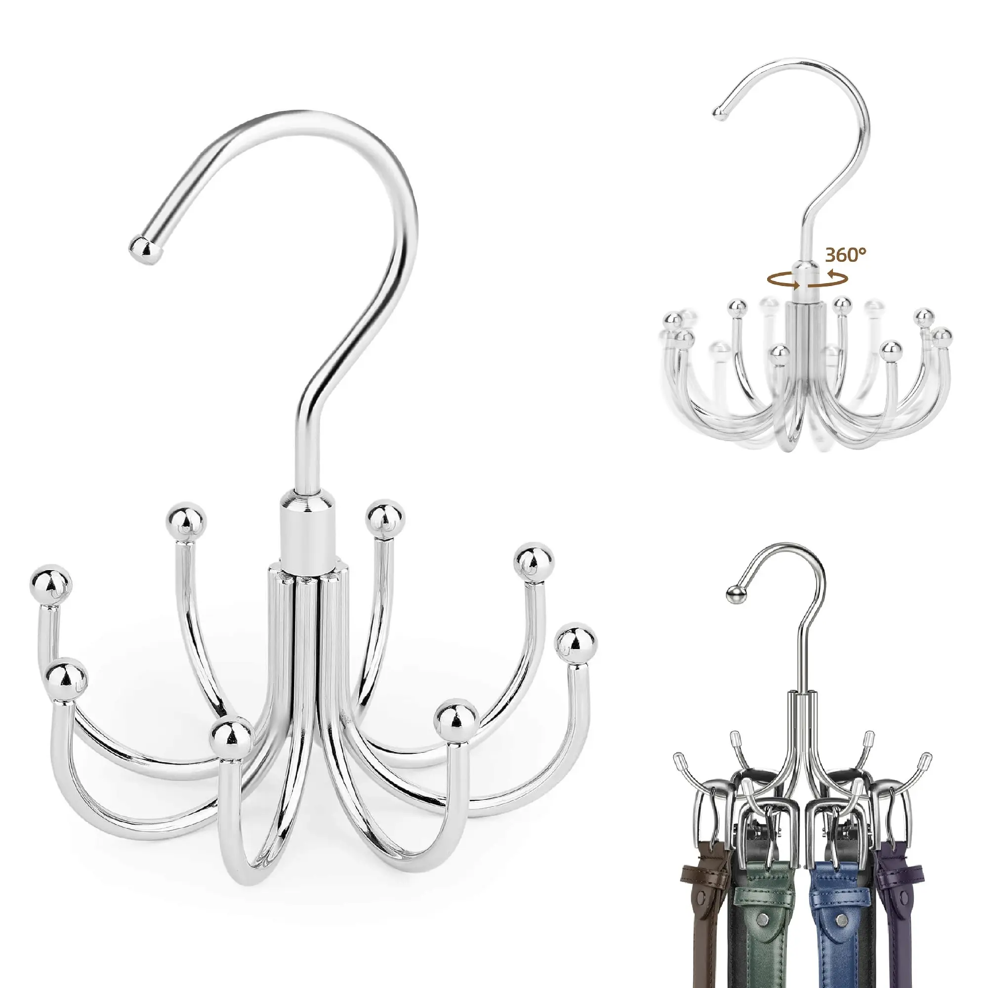 Space-Saving Belt Hanger & Tie Rack, 24-Hook 360° Swivel Organizer for Closet Storage, Holds Scarves, Bras, Purses, Tank Tops