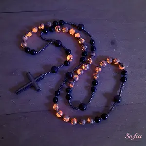 Natural Obsidian Yooperlite Rosary Necklace UV Reactive Protection Necklace Hematite Stone Cross Pendant Necklace Gift for her, gift for him