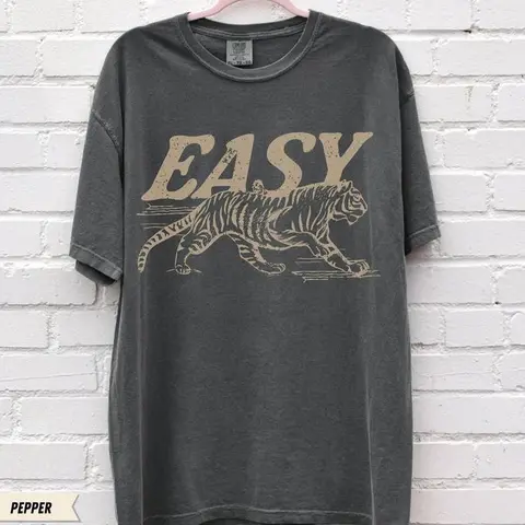 Comfort Colors Easy Tiger T-shirt - Casual Crew Neck, 4th of July Shirt, Long Sleeve, Graphic Design, Available in Multiple Colors, Suitable for Men & Women - Top