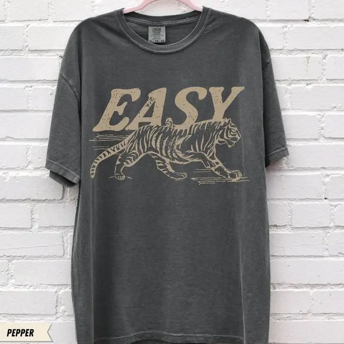 Comfort Colors Easy Tiger T-shirt - Casual Crew Neck, 4th of July Shirt, Long Sleeve, Graphic Design, Available in Multiple Colors, Suitable for Men & Women - Top