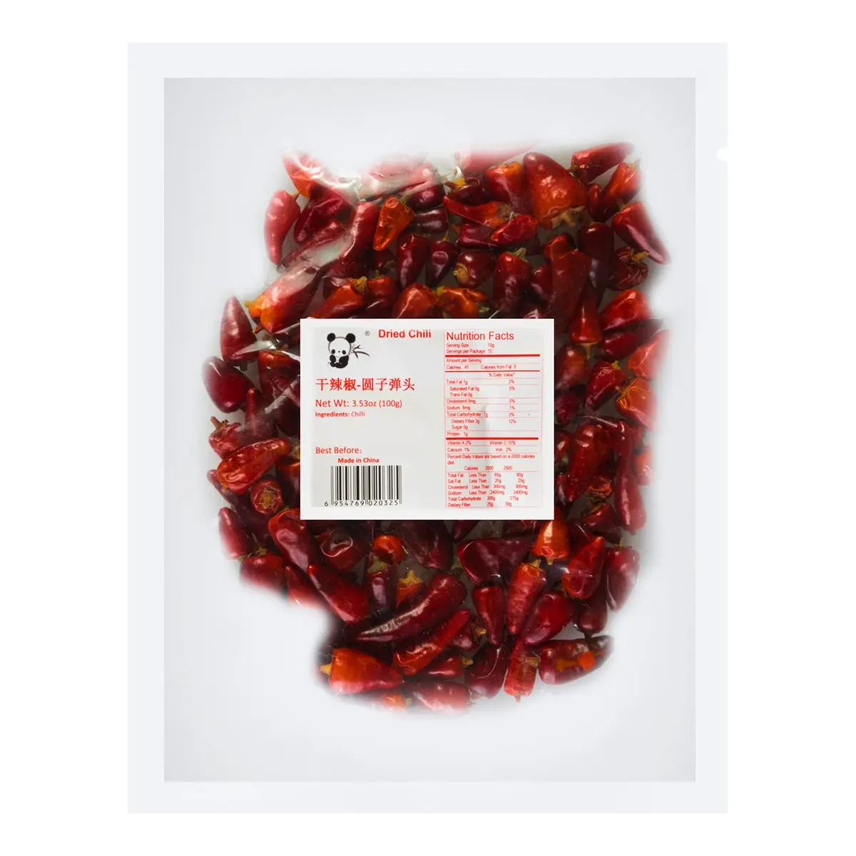 PANDA Dried Chili Peppers - Whole Bullet Chili, 100g Pack - Sichuan Flavor for Cooking & Spice