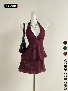 2 Piece Spring Summer Halter Floral Embroidered Set for Women, Sequin Floral Halter Crop Top + Tiered Ruffle Chiffon Mini Skirt, Deep V Neck Backless Slim Fit, Set for Wedding Guest Date Night Prom Club Vacation, Womenswear