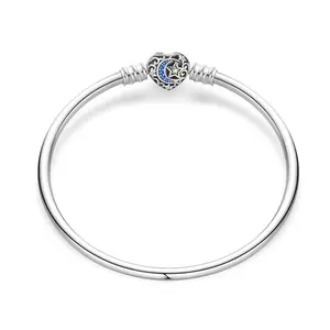 925 Sterling Silver Heart Clasp Star & Moon Bracelet Women Bangle Jewelry