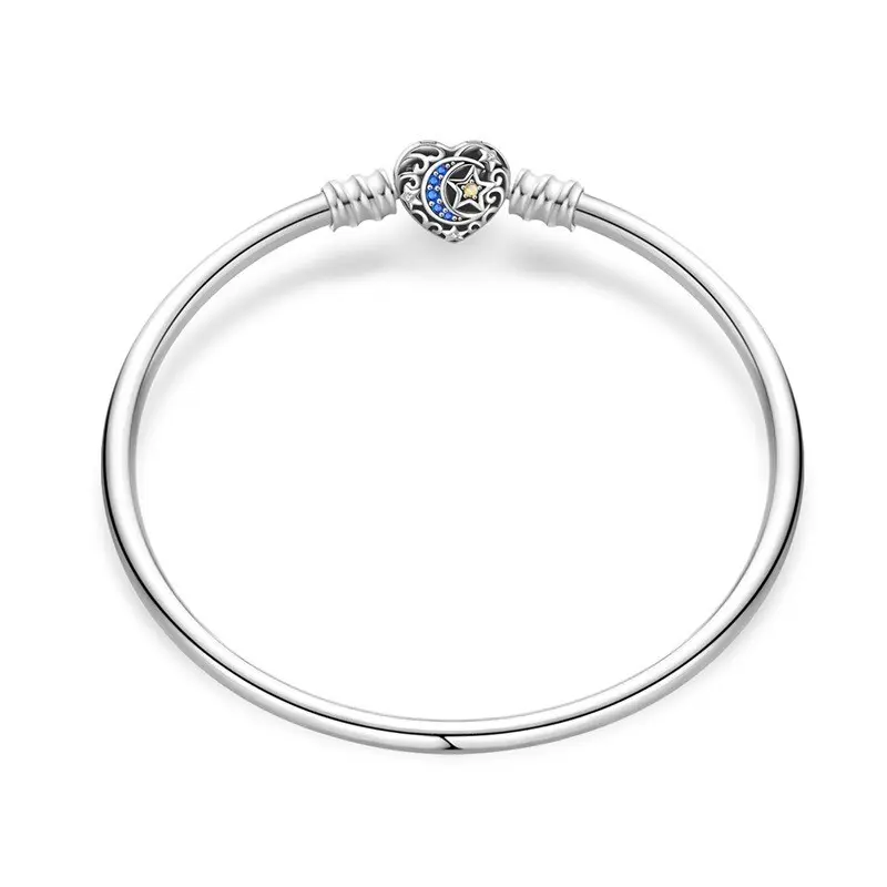 925 Sterling Silver Heart Clasp Star & Moon Bracelet Women Bangle Jewelry