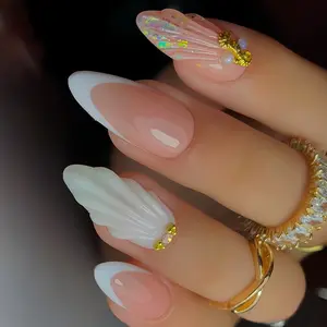 Mermaid Shell French Tip Press On Nails Medium Almond – 3D Seashell Nude Pink Fake Nails with Gold Beads, Glossy Reusable 24Pcs Nail Kit for Party & Wedding