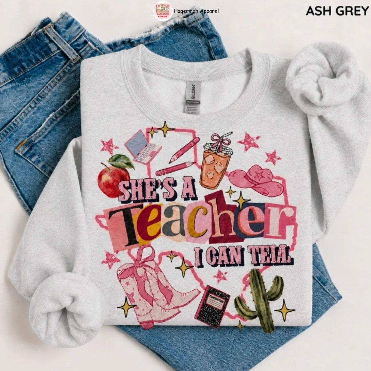 She’s a Teacher I Can Tell Sweatshirt, Teacher Ellas Fellas Shirt, Funny Teacher Graphic Crewneck, Back To School Gift, Full Size.