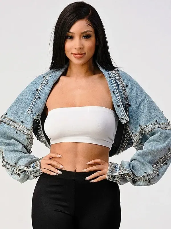 Women's Short Denim Jacket With Rivets&Rhinestones, Street-Style Long-Sleeve Cropped Jacket, Heavy-Duty Beaded Decorative Short Denim Cardigan, Suitable For Spring, Autumn And Winter.