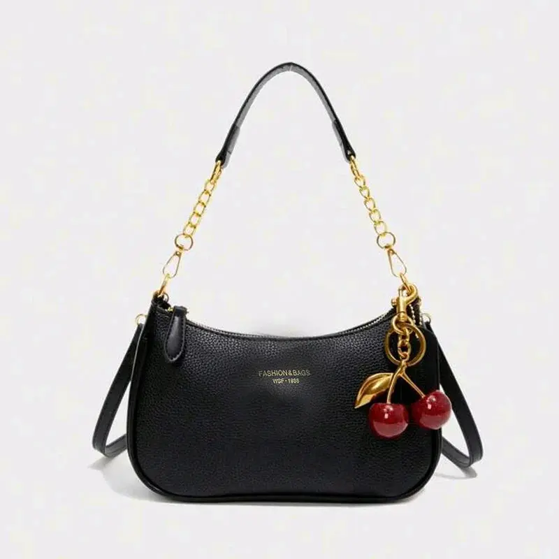 Women's Elegant Cherry Accent Crossbody Shoulder Bag with Charms, Fashionable Cross Body Handbag