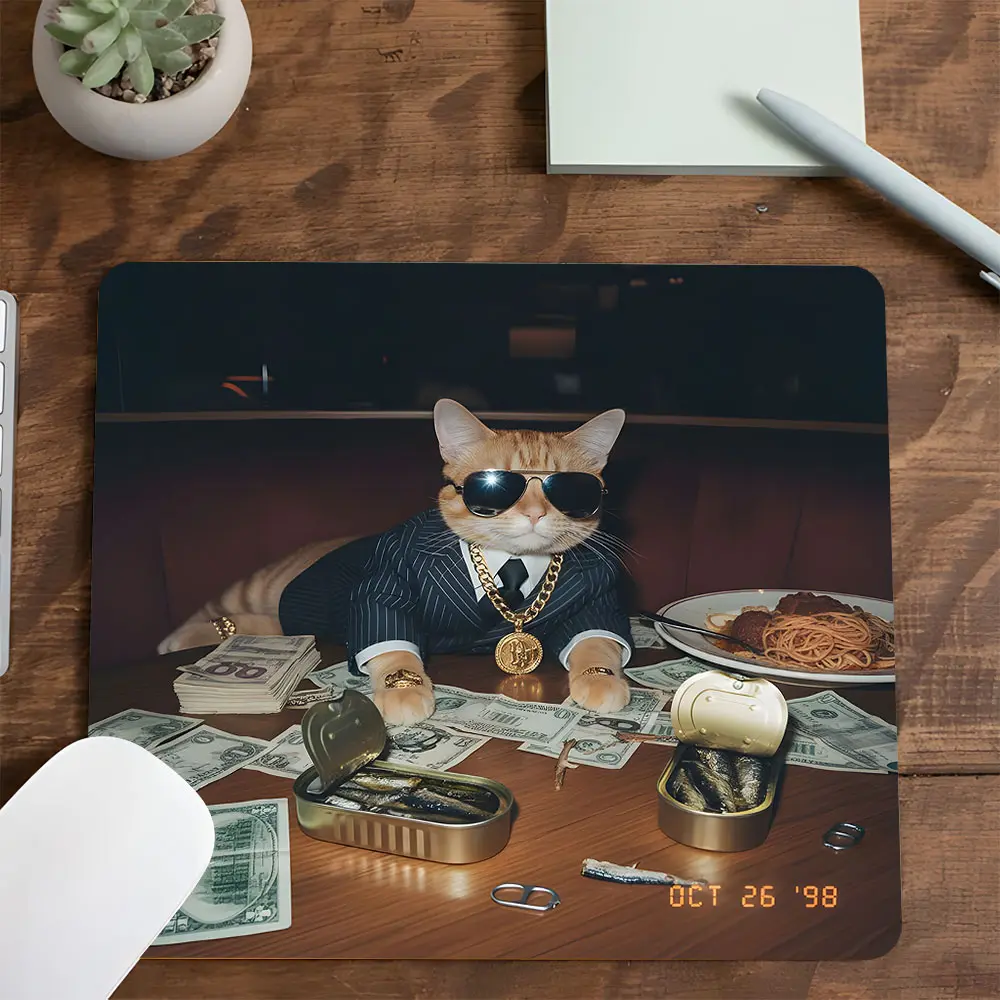 Funny Gangster Cat Themed Square mouse pad, Aesthetic Desktop Decorative Pad, Rubber Anti-slip Lockedge Work Pad, Small Size Suitable for Laptop, Desktop, Mouse pads for desk, Non Slip Mousepad