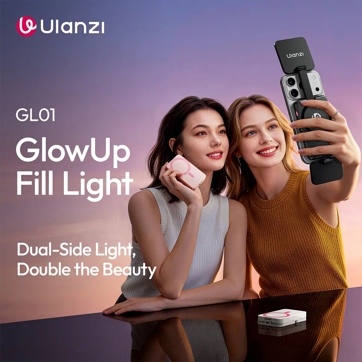 Ulanzi GL01 Magnetic Selfie Light for Phone Top & Bottom Dual LED Fill Lights with Extendable Rod Dimmable 2500K-6500K Portable Video Vlog Light for iPhone 17 Pro Size & Below Not for Pro Max White