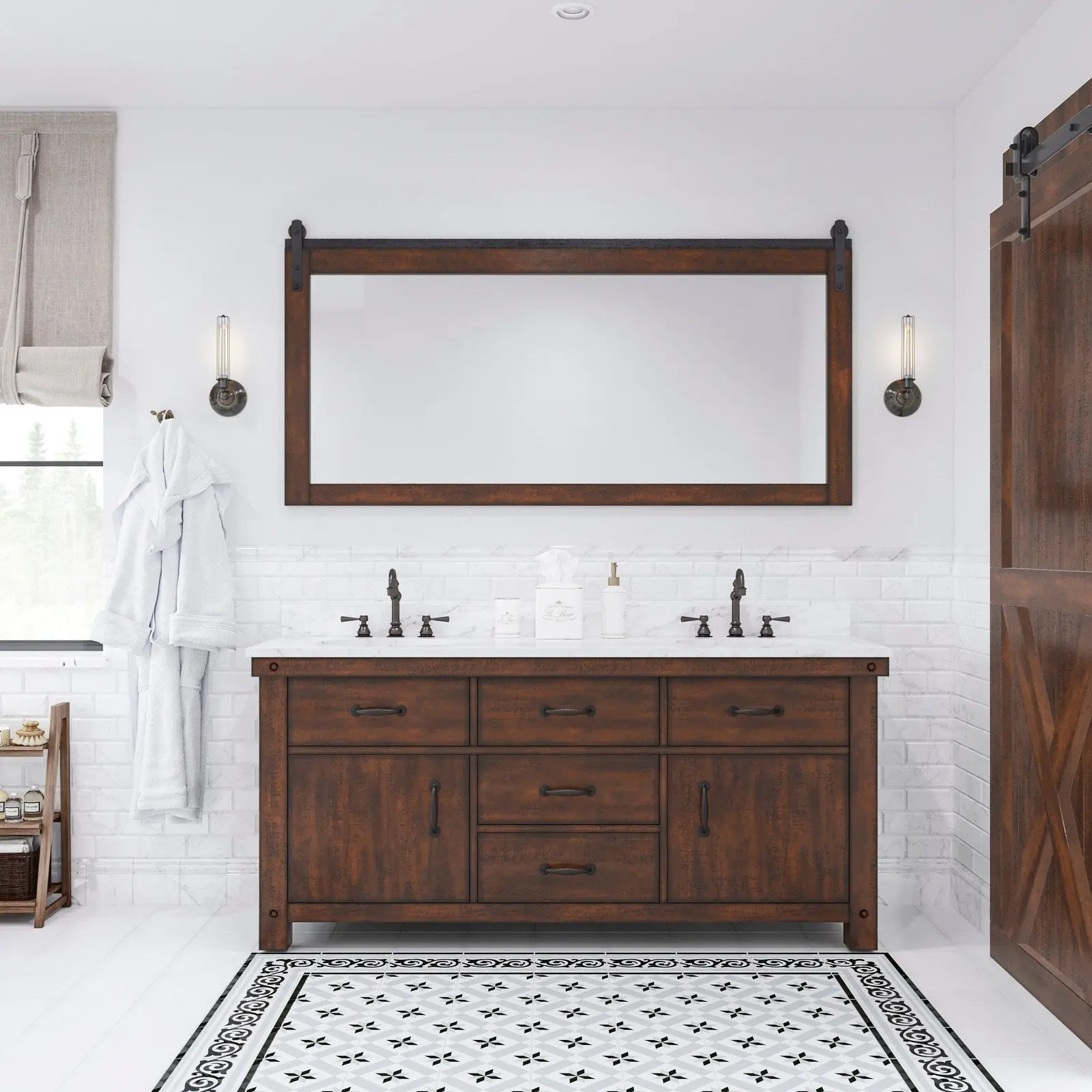 Water Creation Aberdeen 72" Double Sink Carrara White Marble Countertop Vanity in Rustic Sierra with Mirrors