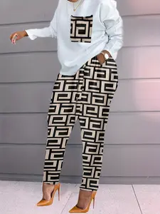 Spring Women's New Fashion Plaid Geometric Print Long Sleeve Plus Size Loose Casual Womenswear Set, Ladies' Stylish Outfit Top