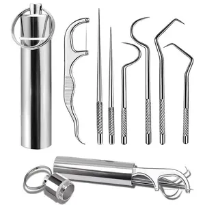 Portable Dental Floss & Picks Set, 7 Counts Stainless Steel Dental Floss Set, Teeth Cleaning Kit Keychain Design, Metal Toothpicks Oral Care Hygiene Products, Multifunctional Dental Flosses, Oral Care Products for Home & Travel, Dental Cleaning Kit
