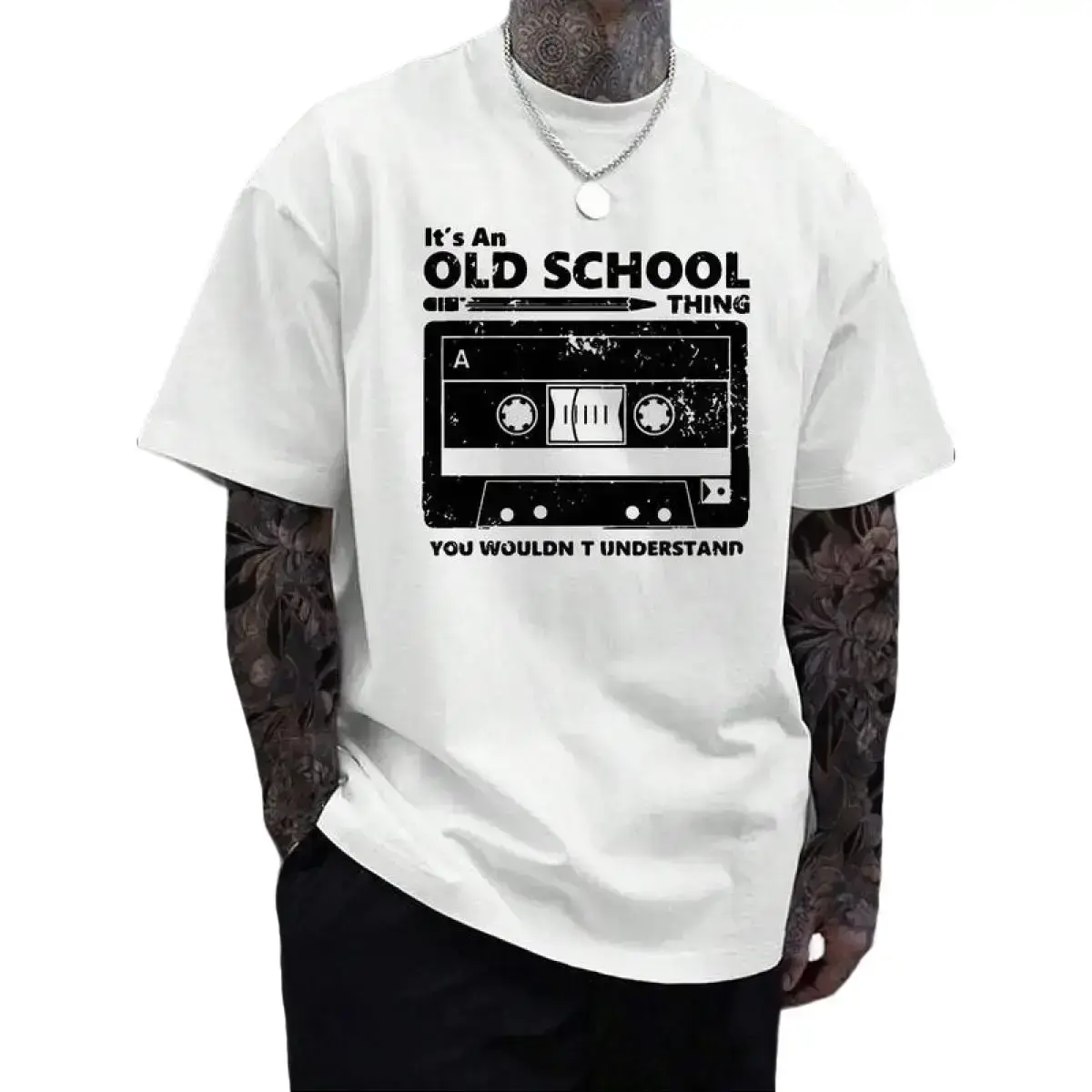 Men's Retro Graphic Cotton T-Shirt - "It's an Old School Thing" Vintage Cassette Tape Design, Soft Crew Neck, Casual Summer Tee,  Cotton, Machine Washable, Cotton T ShirtsFashion 	 Unisex T-shirts S-5XL