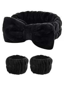 3pcs Black Color Girls Sponge Spa Headband Wristbands Fashion Hair Accessories Set For Party Gifts ,Daily Use, Wash Face, Makeup Use Lady Mom Elastic Headbands