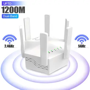 6-Antenna WiFi Extender, AC1200 Dual Band Booster, Covers 12,000 sq. ft & 100 Devices, Repeater with Ethernet Port for Home, Office Use