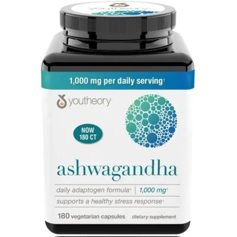 Youtheory Ashwagandha 1000mg with KSM-66 - 180 Vegetarian Capsules for Healthy Stress Response & Wellbeing - Gluten-Free, Dairy-Free, Soy-Free Adaptogen Supplement
