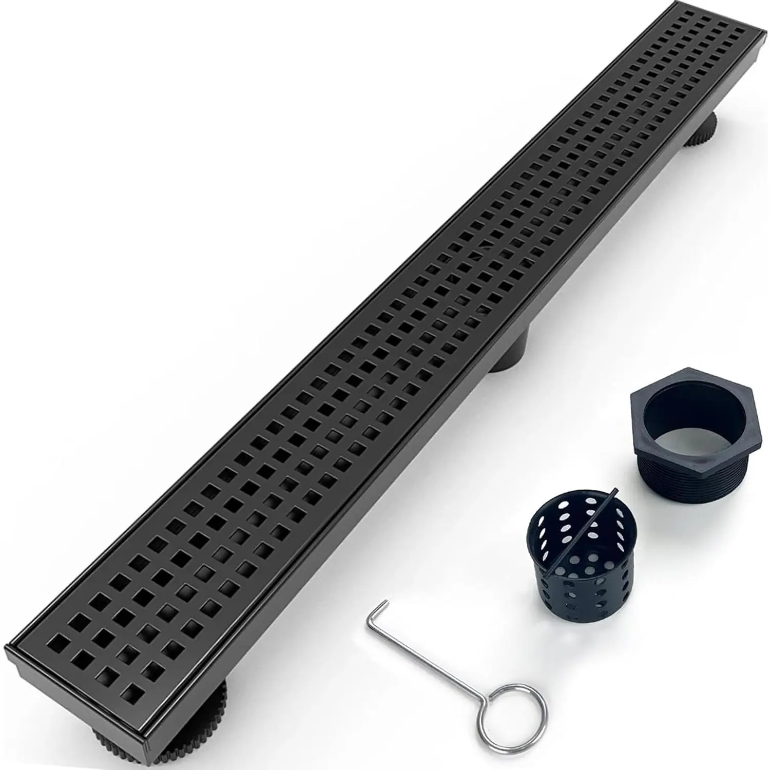 28 Inch Removable Cover Linear Shower Drain 304 Stainless Steel Rectangular Floor Drain for Kitchen Bathroom Square Hole Drain with Accessories Hair Strainer Adjustable Leveling  (Matte Black)