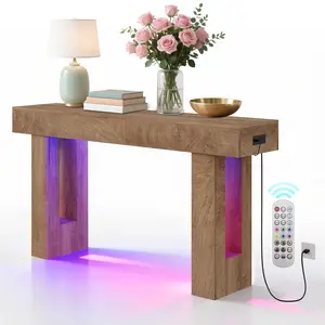 Rustic Burnt Wood Console Table with LED Lights & Charging – 63" Narrow Sofa Table – Perfect for Entryway, Hallway, Foyer, or Behind a Couch – Modern Farmhouse Style