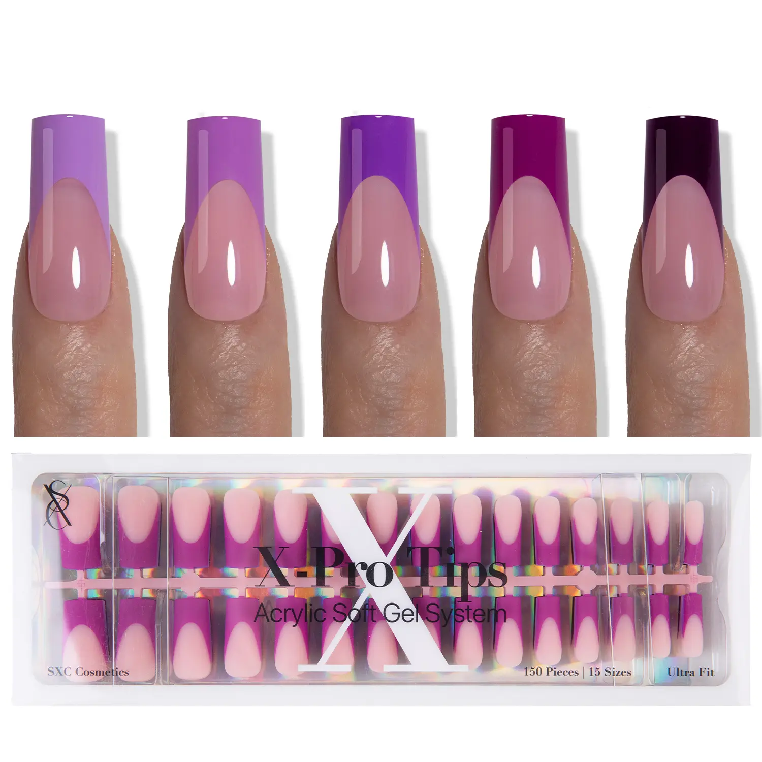 SXC Cosmetics X-Pro Tips - Nail Tips Only - 5 Purple Shades French Tip Press On Nails, 150/160pcs, Almond/Coffin/Square Shapes, XS-M Sizes DIY Salon-Quality Nails at Home