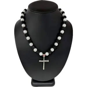 Iced Disco Ball Crystal Bead Baseball Necklace Black Pearl w/ Cross Baseball Bat Pendant